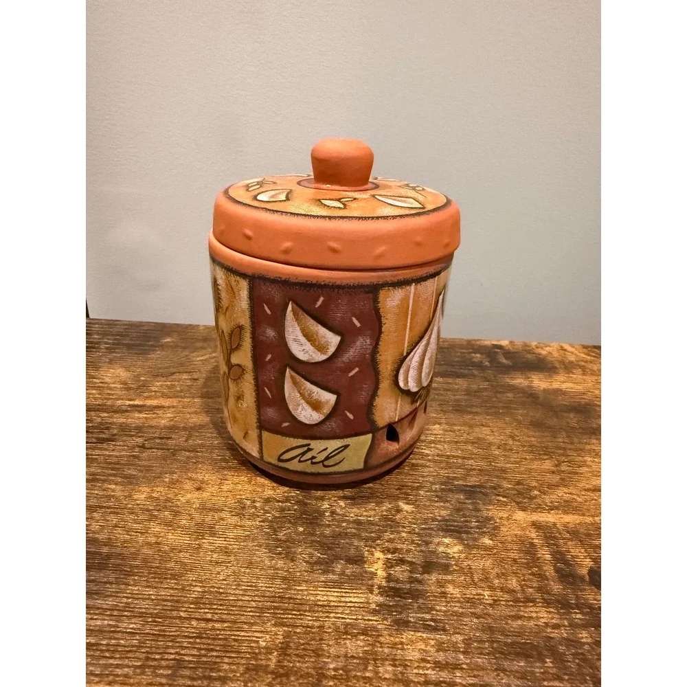 Terracotta Garlic Keeper Jar Hand Painted Rustic‎ Ceramic Storage Crock with Lid
